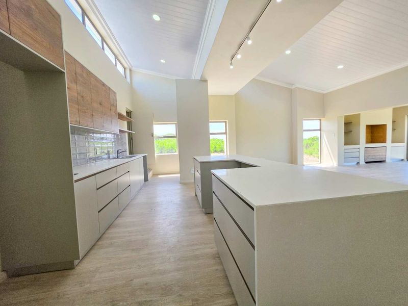 Spacious open-plan kitchen featuring modern cabinetry, stone countertops, a large central island, and high ceilings with abundant natural light.