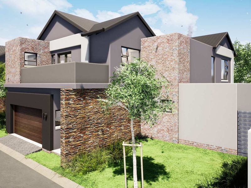 Modern cluster home exterior featuring a combination of stone cladding, brickwork, and a double-story design with a balcony and integrated garage.