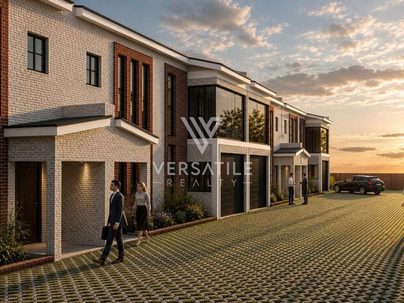 A modern residential apartment complex featuring a brick facade, paved driveway, and integrated garage access at sunset.