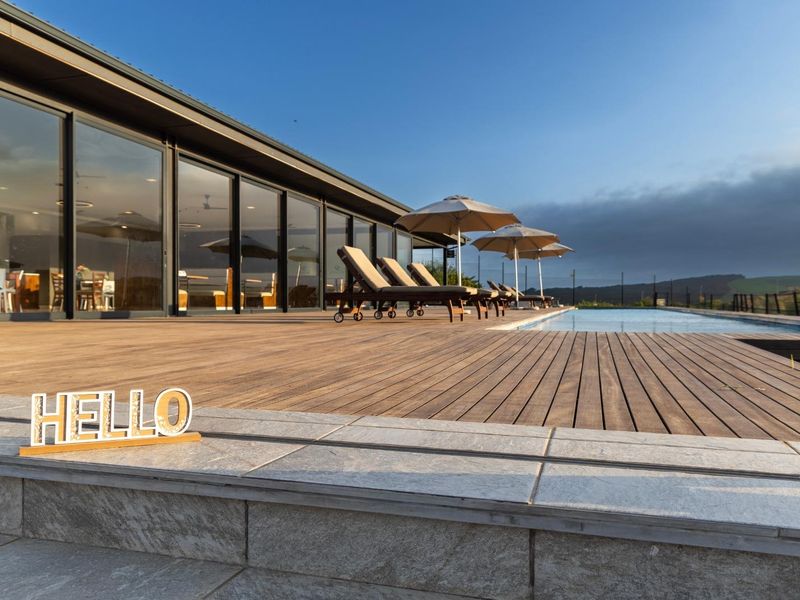 Spacious outdoor pool area featuring extensive timber decking, modern stone coping, and large sliding glass doors providing seamless indoor-outdoor flow.