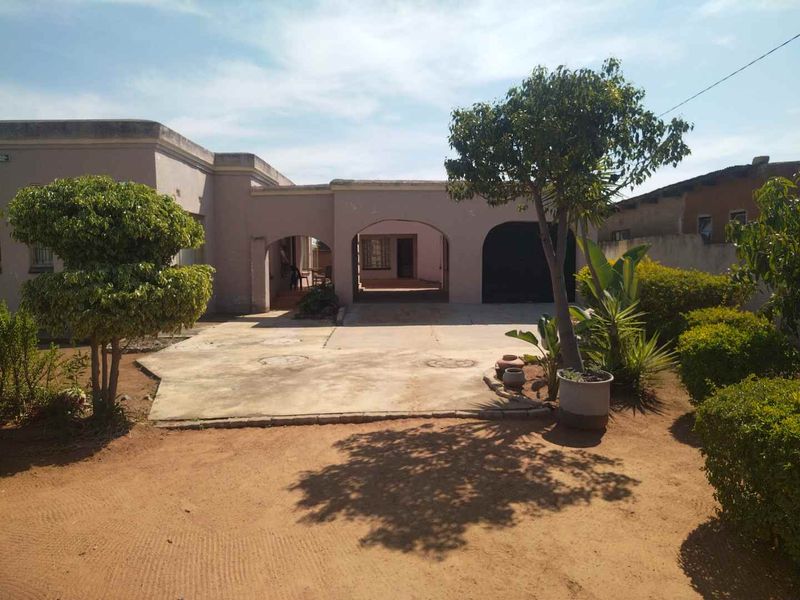 Front view of a single-story house featuring a concrete driveway, arched covered entrance, and established garden area.