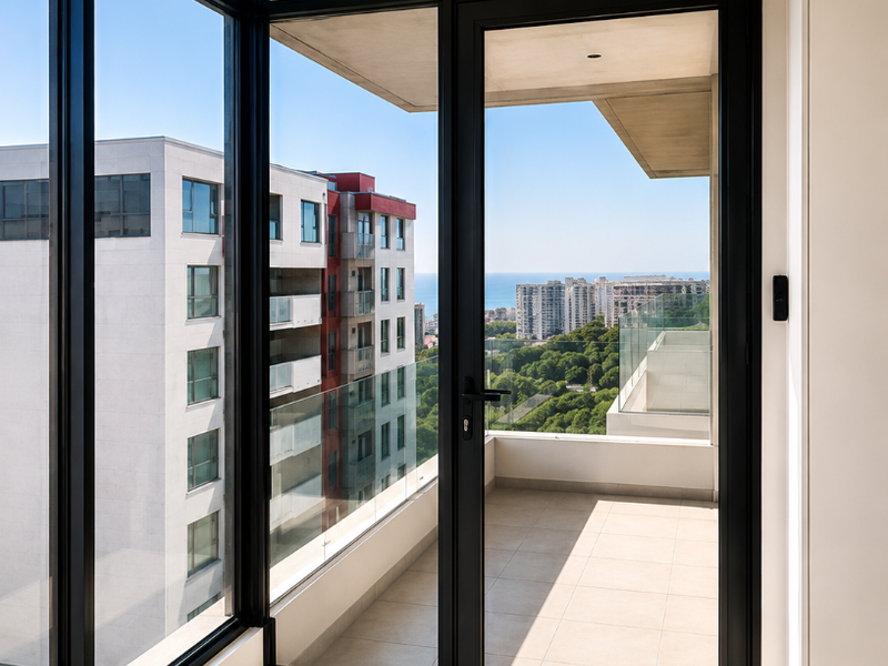 A modern, empty balcony area featuring black aluminium framed glass doors, tiled flooring, and a glass balustrade with views of the surrounding urban landscape.