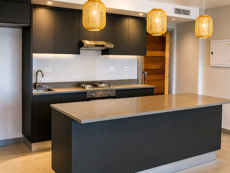 Modern kitchen featuring matte black cabinetry, stone countertops, a central island, integrated gas hob, and ducted air conditioning.