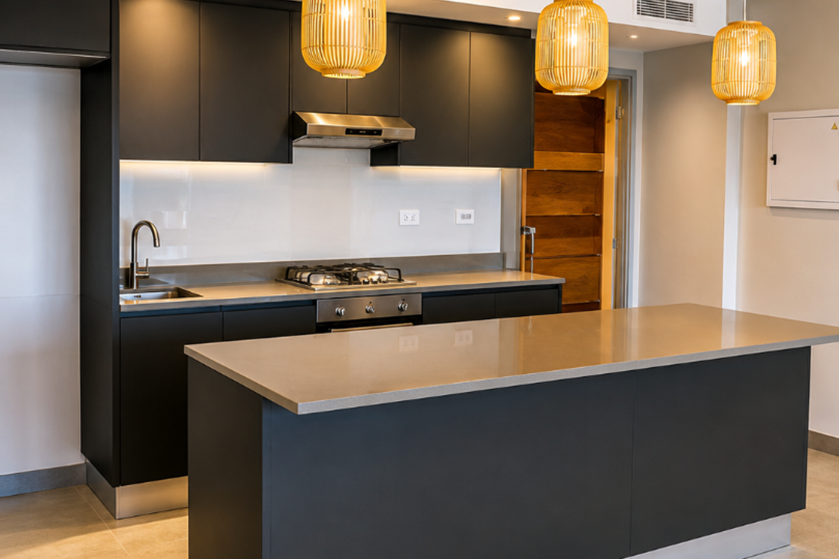 Modern kitchen featuring matte black cabinetry, stone countertops, a central island, integrated gas hob, and ducted air conditioning.