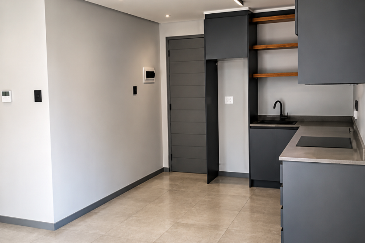 Modern kitchen featuring dark grey cabinetry, stone countertops, open shelving, and integrated hob, set against a neutral interior with tiled flooring.