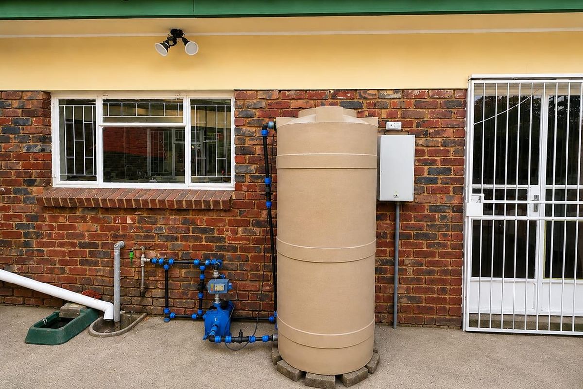 Exterior view of a brick wall featuring a water storage tank, pressure pump system, and security gate access.