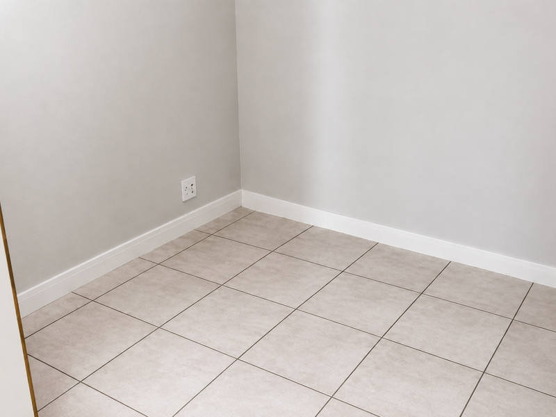 A clean, empty corner of a room featuring neutral grey walls, white skirting boards, and light-toned ceramic floor tiles.