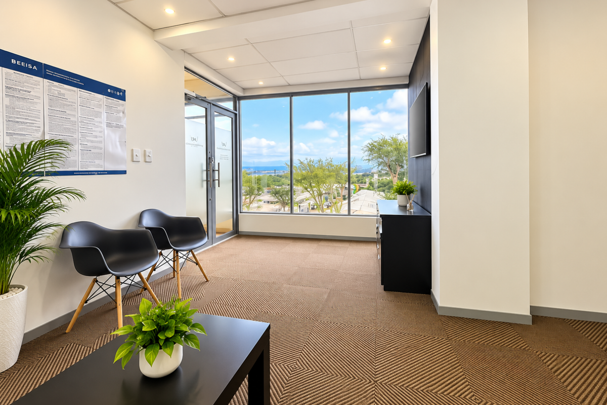 A bright, modern office reception area featuring carpeted flooring, a suspended ceiling with recessed lighting, and large windows offering an expansive exterior view.