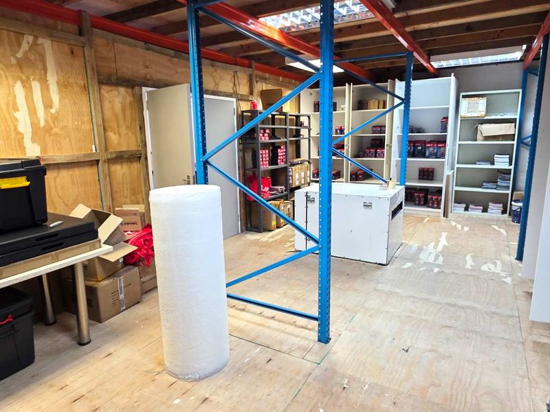 Industrial utility or storage space featuring heavy-duty steel racking, plywood wall finishes, and exposed timber ceiling structure with natural light from a skylight.