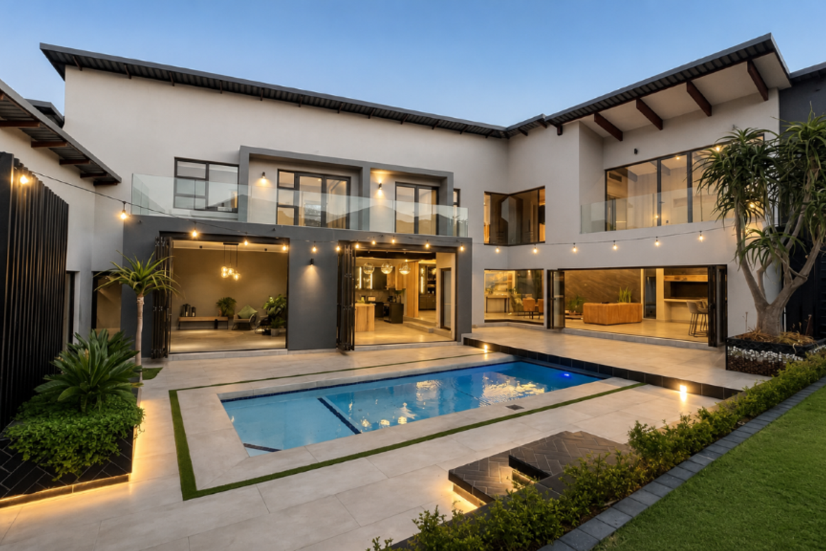 Modern rear elevation featuring a swimming pool, expansive tiled patio, glass balustrades, and seamless indoor-outdoor flow through large bi-fold doors.