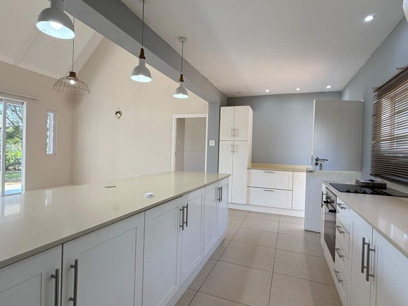 Spacious open-plan kitchen featuring a large central island, modern cabinetry, stone countertops, and vaulted ceilings with direct access to the garden.