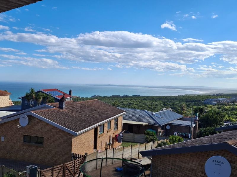 A scenic elevated view overlooking a coastal residential neighborhood with a clear horizon and ocean vista.