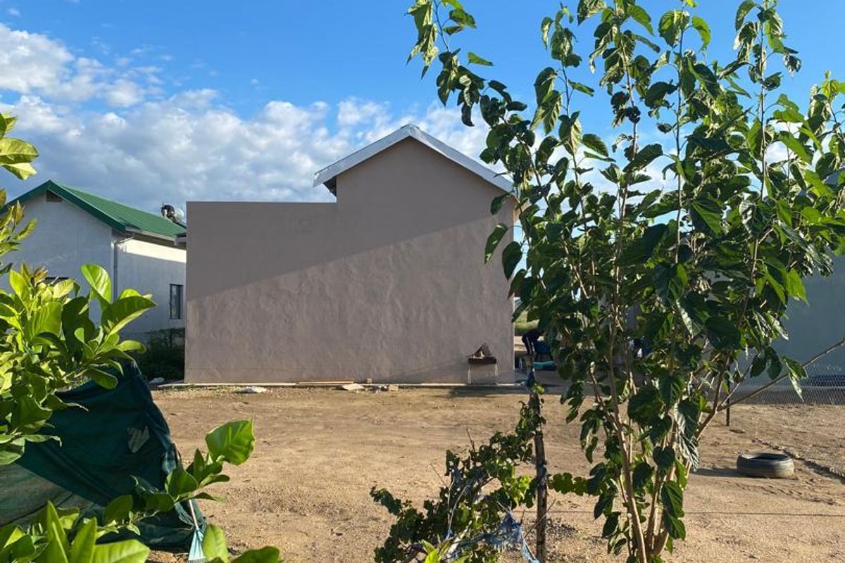 A view of the rear exterior of the house featuring a plain rendered wall and an unlandscaped garden area with young trees.