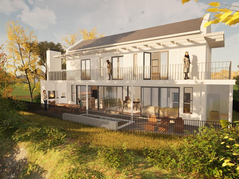 A digital architectural rendering of a two-story residential property featuring a rear balcony, ground-floor patio, outdoor fireplace, and modern sliding glass doors.