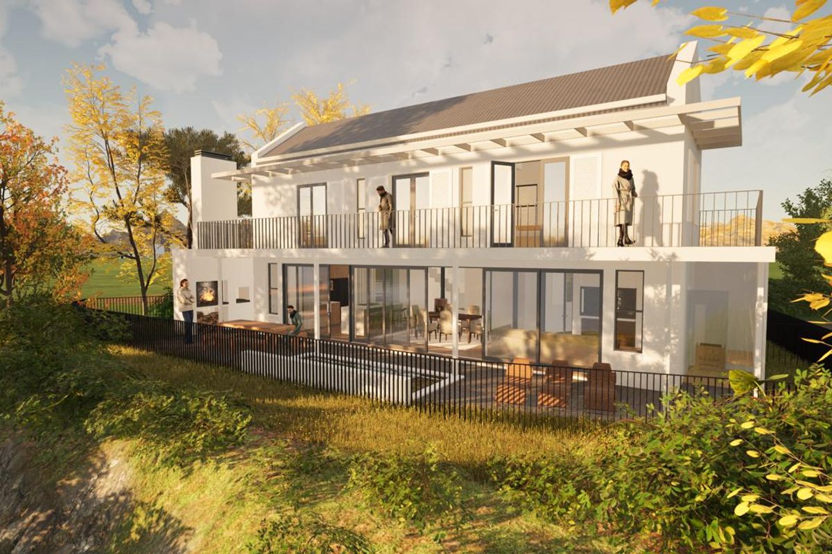 A digital architectural rendering of a two-story residential property featuring a rear balcony, ground-floor patio, outdoor fireplace, and modern sliding glass doors.