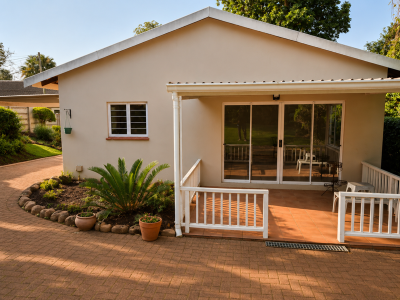 Rear view of the cottage featuring a covered tiled patio, white balustrades, sliding glass doors, and a paved driveway area.