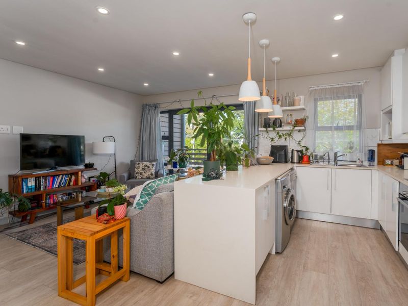 Modern open-plan living area featuring a sleek kitchen with integrated appliances, a central island, and bright, contemporary finishes throughout the space.