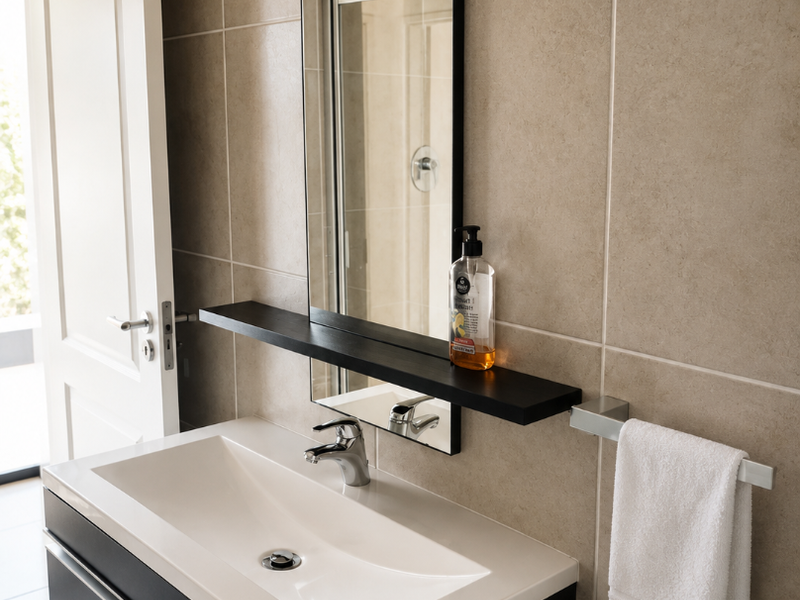 Modern bathroom featuring a sleek wall-mounted vanity with integrated basin, chrome fixtures, and neutral ceramic wall tiling.