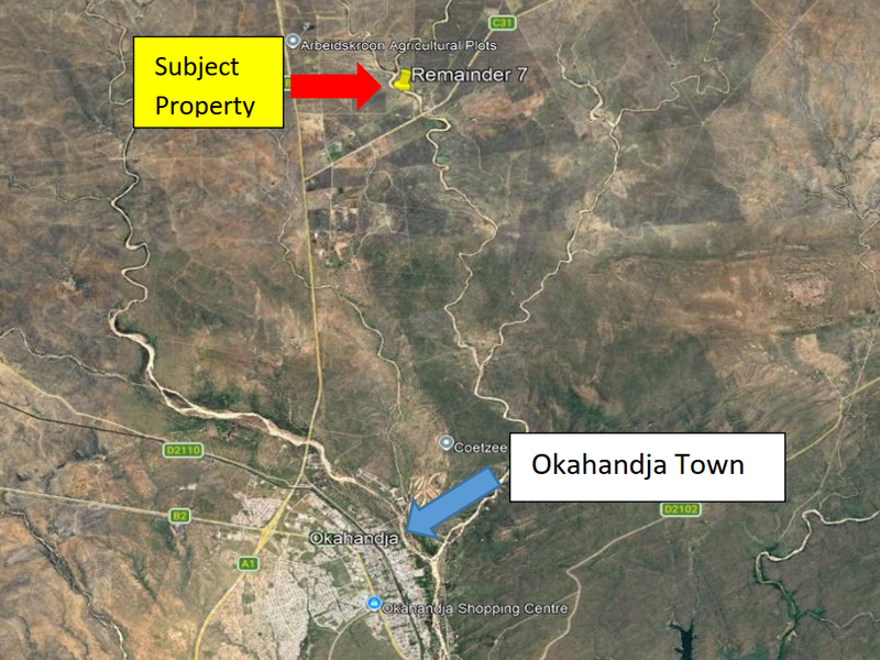 An aerial satellite map view showing the location of the subject property relative to Okahandja town.