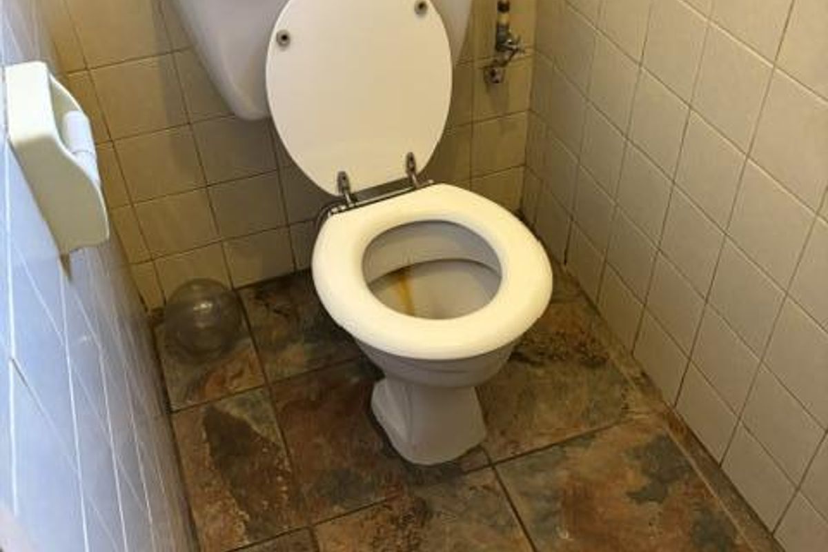 A small, dated bathroom featuring a standard toilet, tiled walls, and natural stone-look floor tiles.