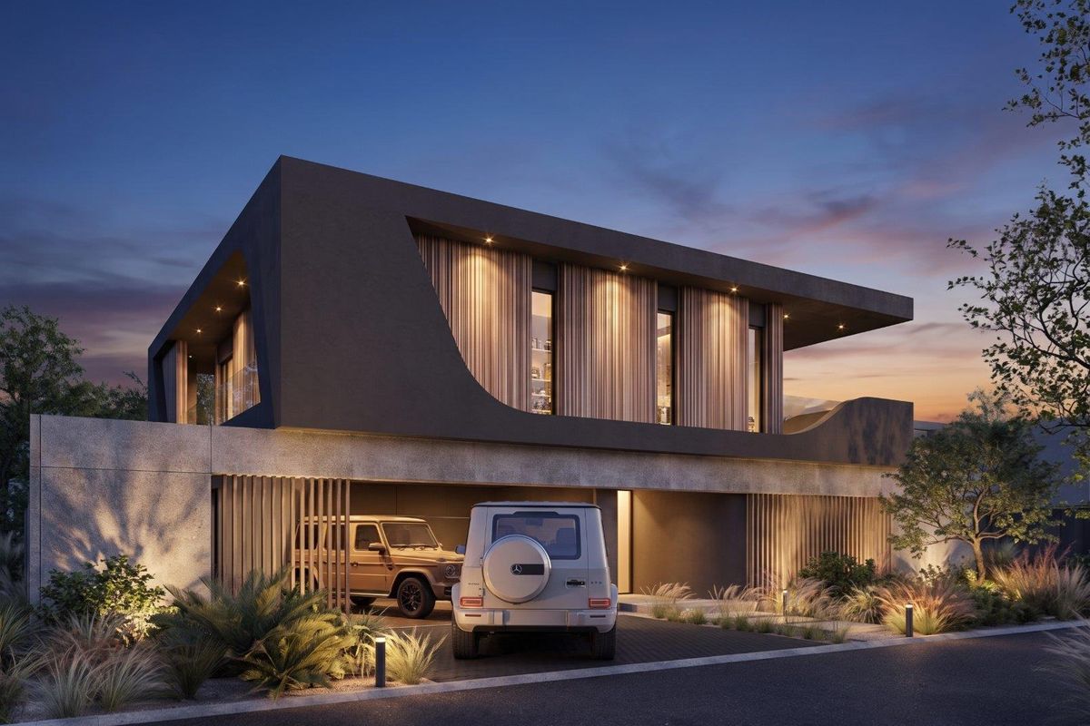 A contemporary architectural exterior featuring a sleek dark facade, timber accents, integrated garage, and sophisticated landscape lighting at dusk.