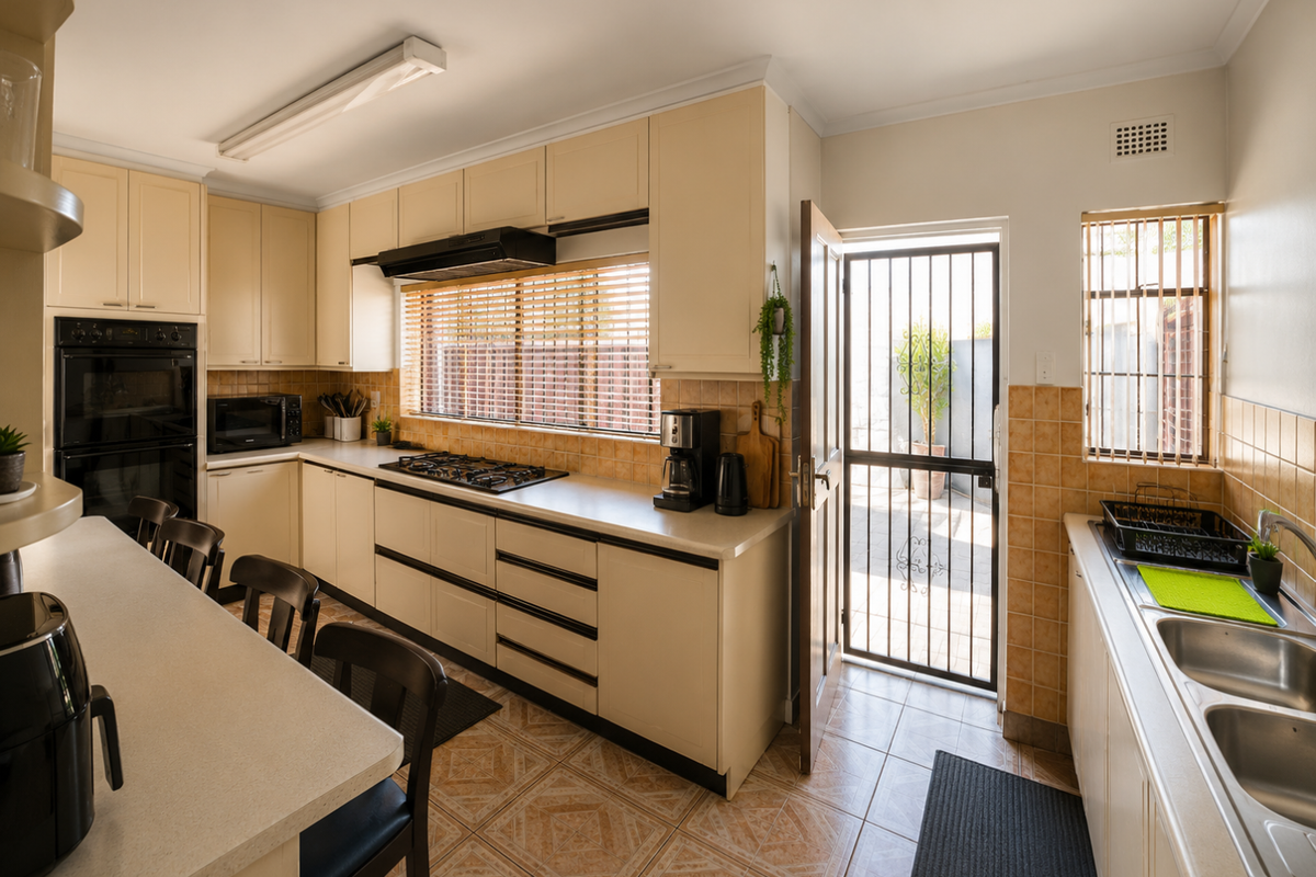 A functional kitchen featuring cream cabinetry, built-in oven, gas cooktop, and a double bowl sink, with direct access to an outdoor area via a security gate.