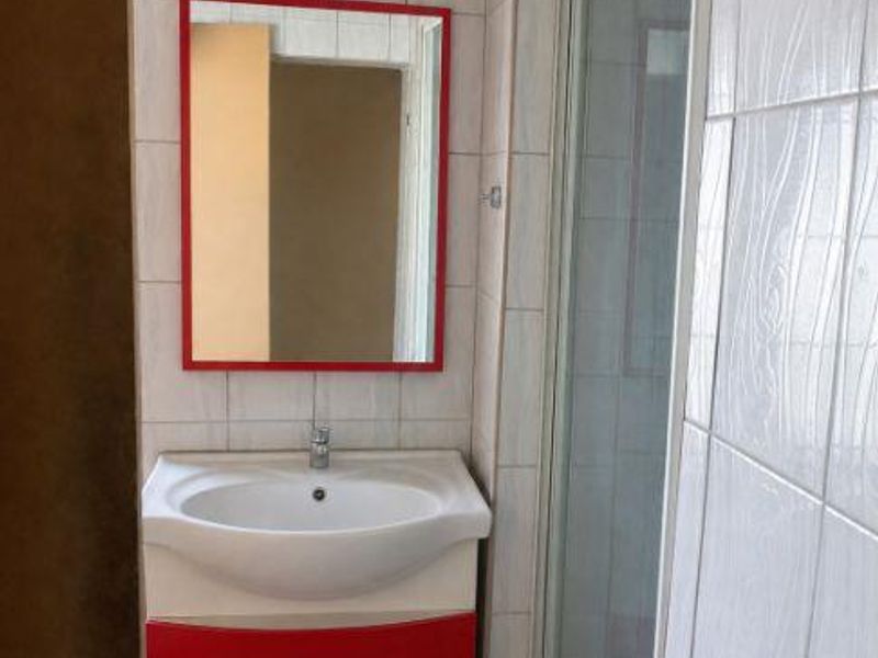 A compact bathroom featuring a vanity unit with a basin, a wall-mounted mirror, and a glass-enclosed shower area with tiled walls.