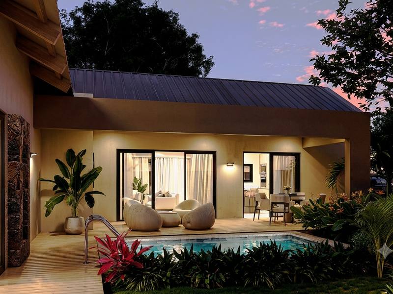 A beautifully landscaped rear patio area featuring a modern swimming pool, timber decking, and seamless indoor-outdoor flow through large sliding glass doors.