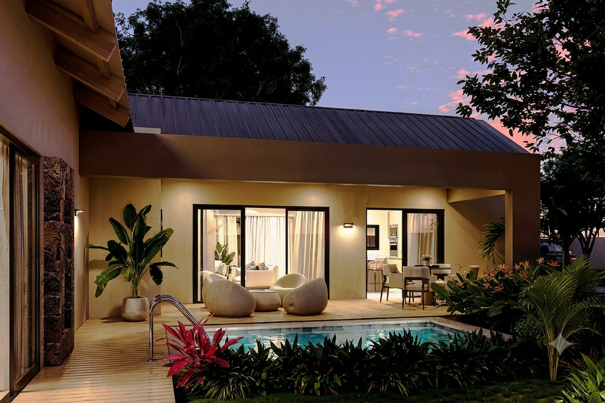 A beautifully landscaped rear patio area featuring a modern swimming pool, timber decking, and seamless indoor-outdoor flow through large sliding glass doors.