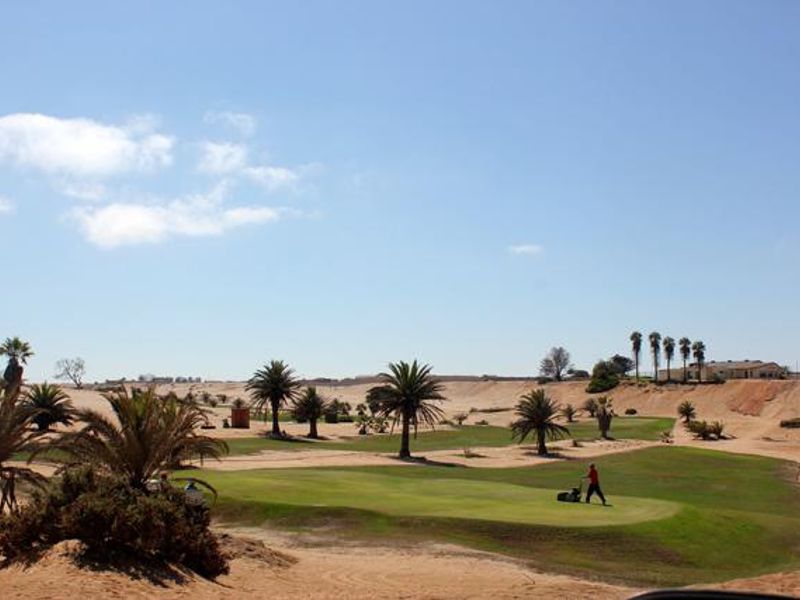 A scenic view of a landscaped golf course featuring manicured greens and palm trees set within a sandy, arid landscape.