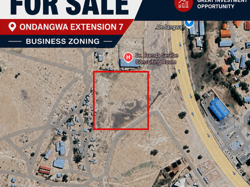 Aerial view of a vacant plot of land in Ondangwa Extension 7, zoned for business development with strategic location and high visibility.