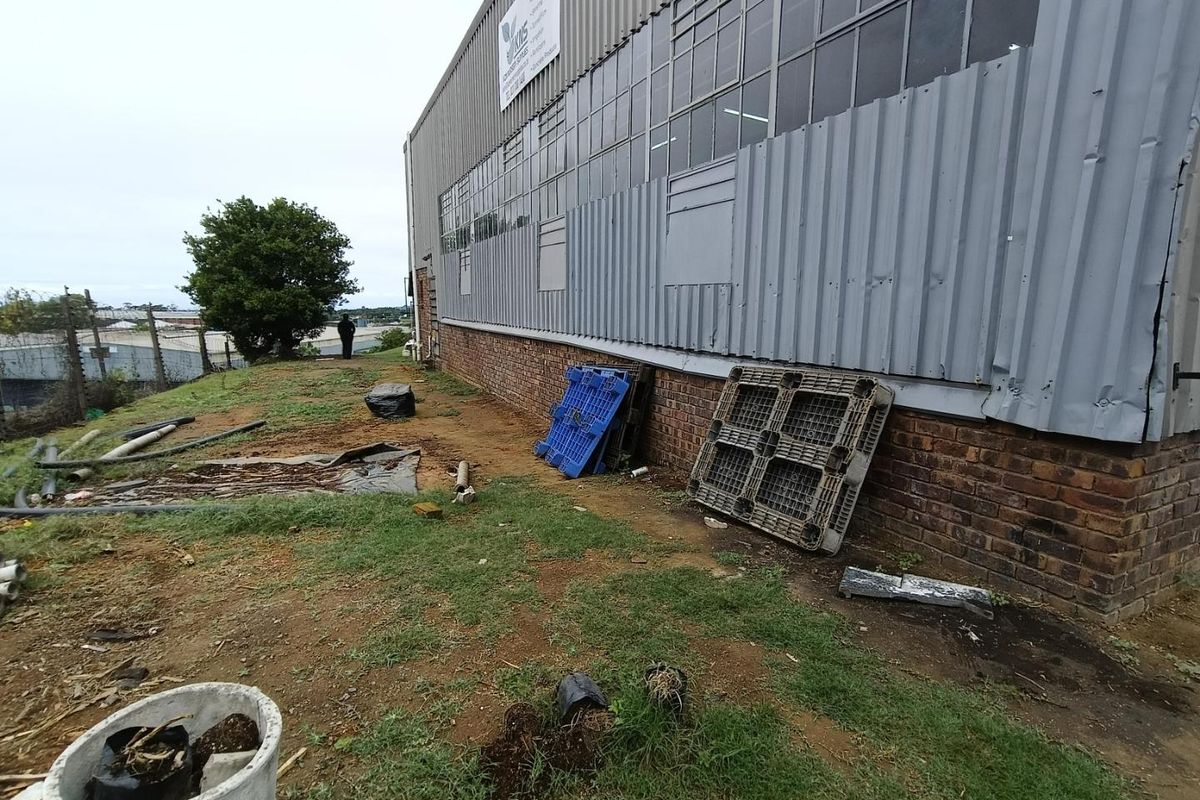 Rear exterior view of an industrial building featuring corrugated metal cladding, brick base, and steel-framed windows, set against an unlandscaped yard area.