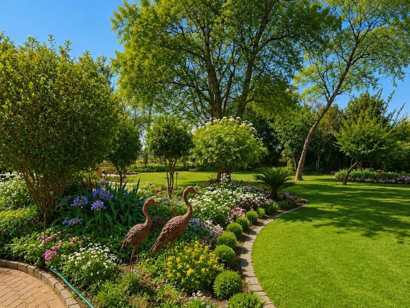 A beautifully landscaped garden featuring a manicured lawn, mature trees, and established flower beds with brick paved pathways.