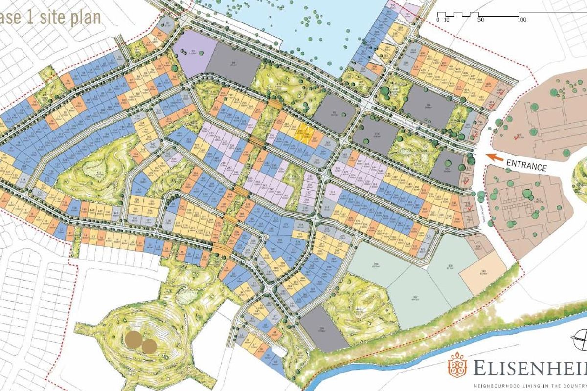 A detailed phase 1 site plan for the Elisenheim development, illustrating the layout of land parcels, road infrastructure, and designated entrance points.
