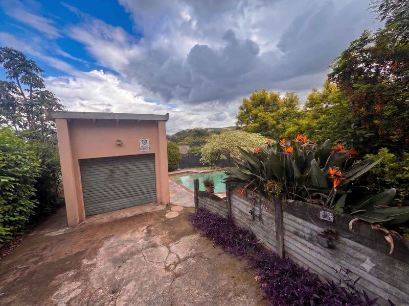 Rear exterior view featuring a detached garage, concrete driveway with visible cracking, and a swimming pool area surrounded by established garden landscaping.