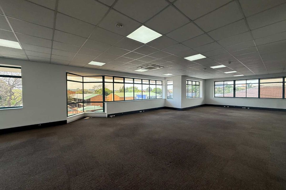 Spacious, open-plan office area featuring large windows, suspended ceilings with recessed lighting, and carpeted flooring, offering a bright and professional workspace.