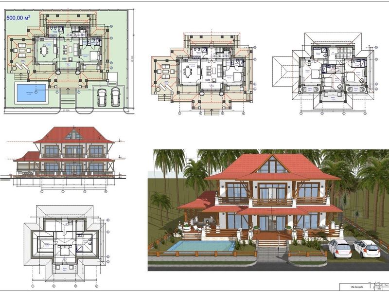 Architectural floor plans and 3D exterior rendering of a villa featuring a swimming pool, multi-level layout, and landscaped grounds.