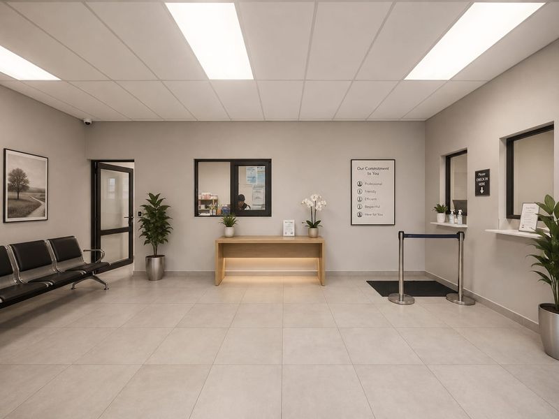 A clean and professional reception area featuring tiled flooring, drop ceiling with recessed lighting, and service windows for efficient client check-in.