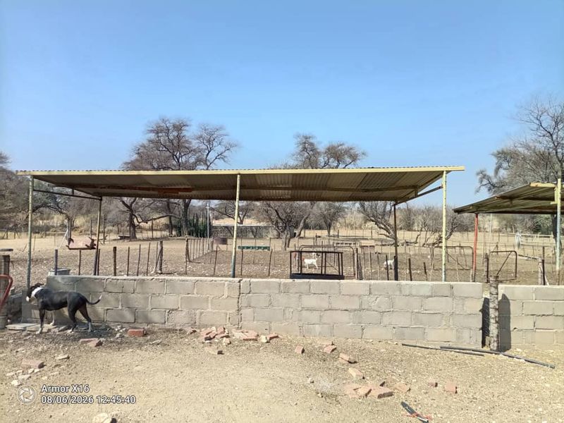 An outdoor utility or livestock shelter area featuring a corrugated metal roof structure and cinder block walling on a dirt surface.