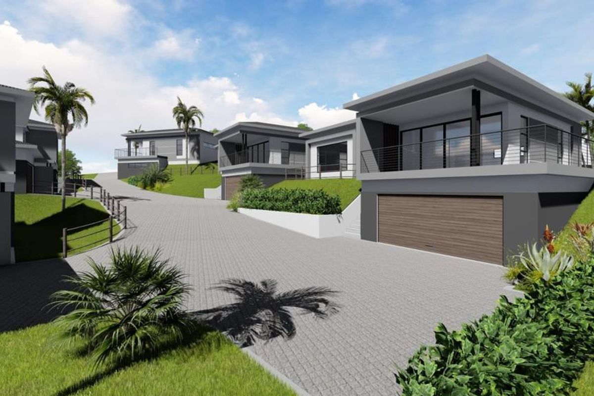A 3D architectural rendering of a modern residential estate featuring contemporary homes with paved driveways, balconies, and landscaped surroundings.