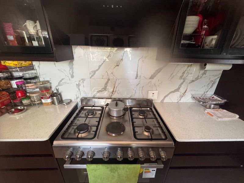 Modern kitchen featuring a stainless steel gas and electric combination stove, extractor fan, marble-look splashback, and dark cabinetry with quartz countertops.