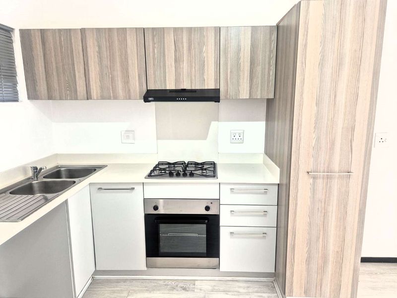 Modern kitchen featuring light wood-grain cabinetry, stone countertops, a gas hob, built-in oven, and a stainless steel double sink.