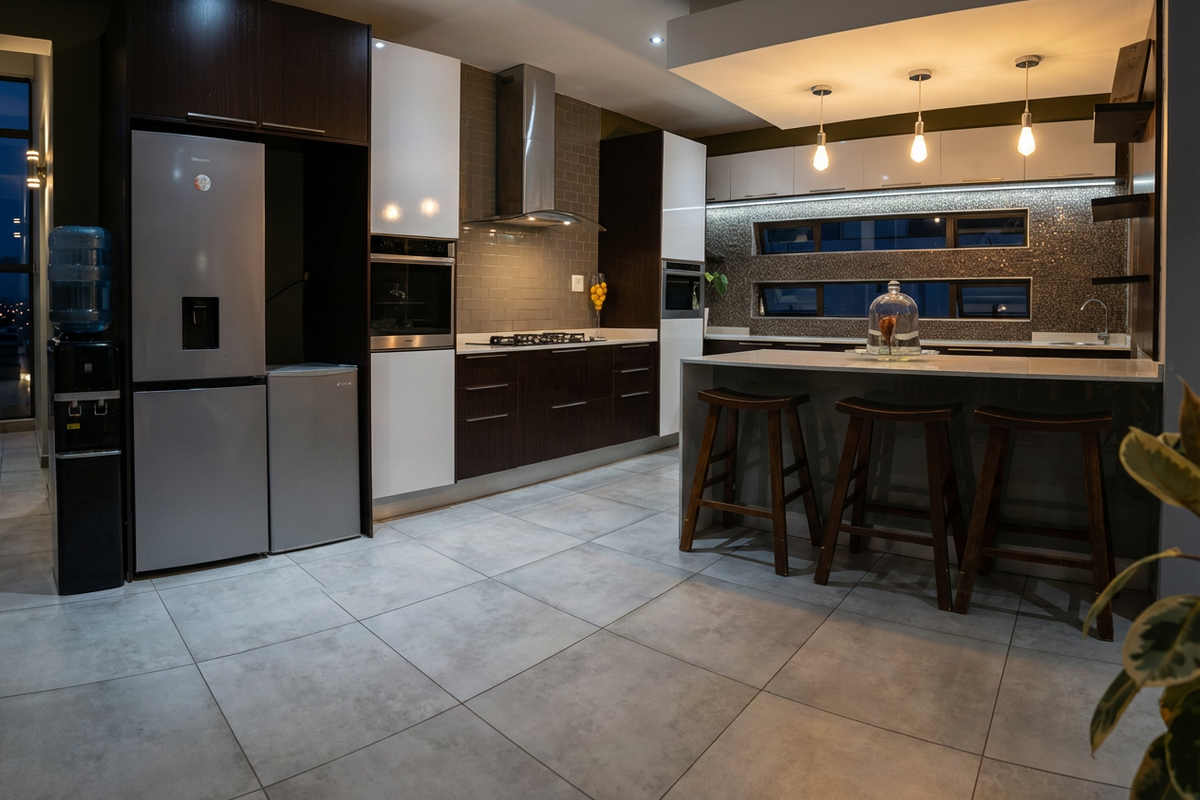 Modern kitchen featuring high-gloss cabinetry, stone countertops, a central island with breakfast bar, integrated appliances, and stylish mosaic tile backsplash.