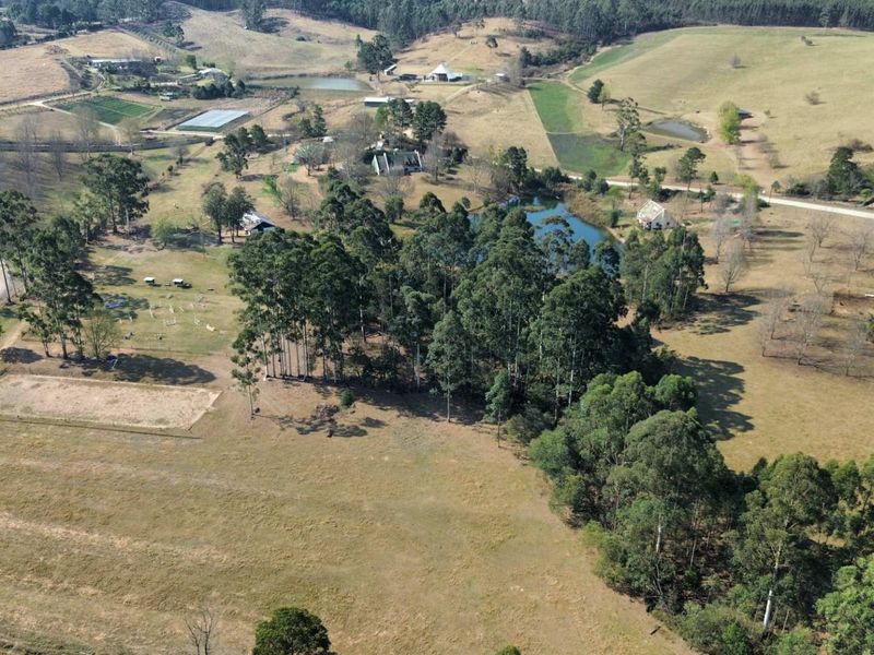 An aerial view of a large farm property featuring expansive grazing land, mature trees, a dam, and established access roads.
