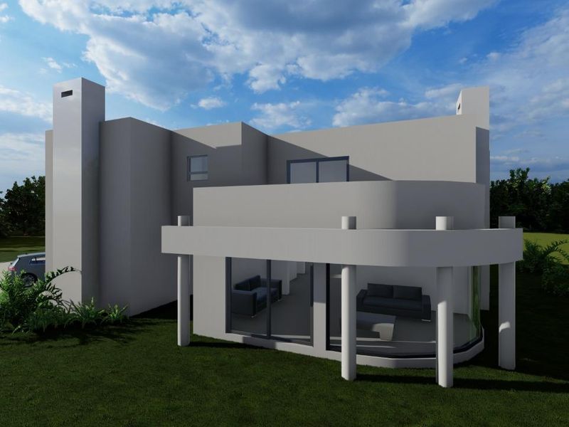 A 3D architectural rendering of the rear elevation of a modern house featuring a balcony, large sliding glass doors, and structural columns.