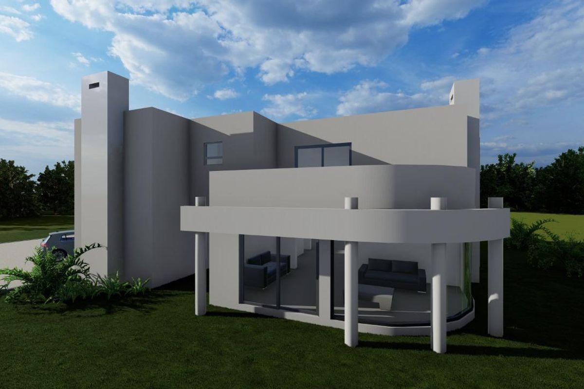 A 3D architectural rendering of the rear elevation of a modern house featuring a balcony, large sliding glass doors, and structural columns.