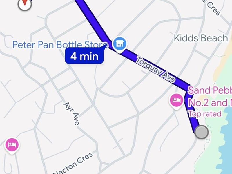 A digital map screenshot showing the location and driving route to the property in the Leisure Bay area.