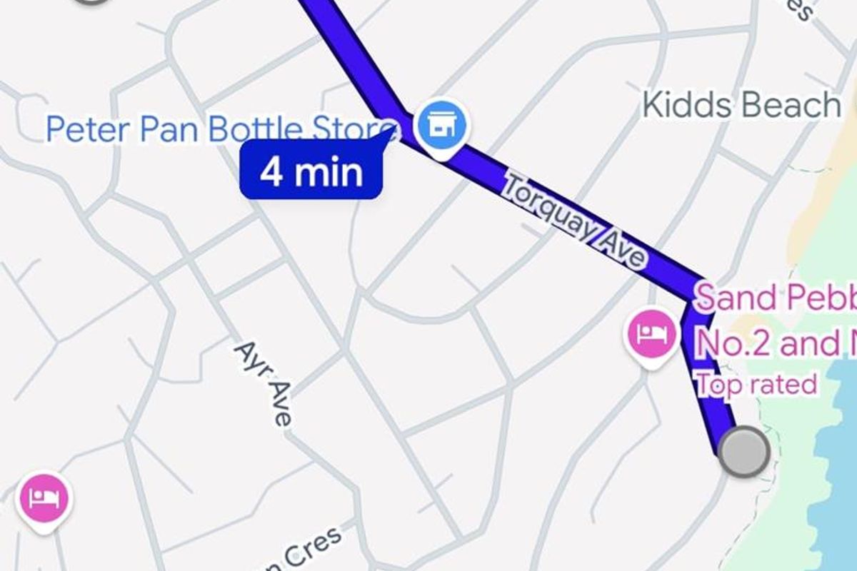 A digital map screenshot showing the location and driving route to the property in the Leisure Bay area.