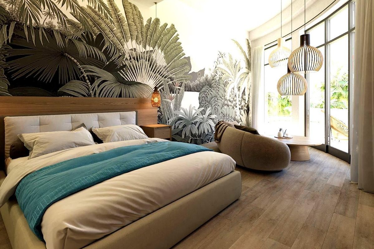 A modern, well-appointed bedroom featuring large floor-to-ceiling windows, wood-look flooring, and a striking botanical feature wall.