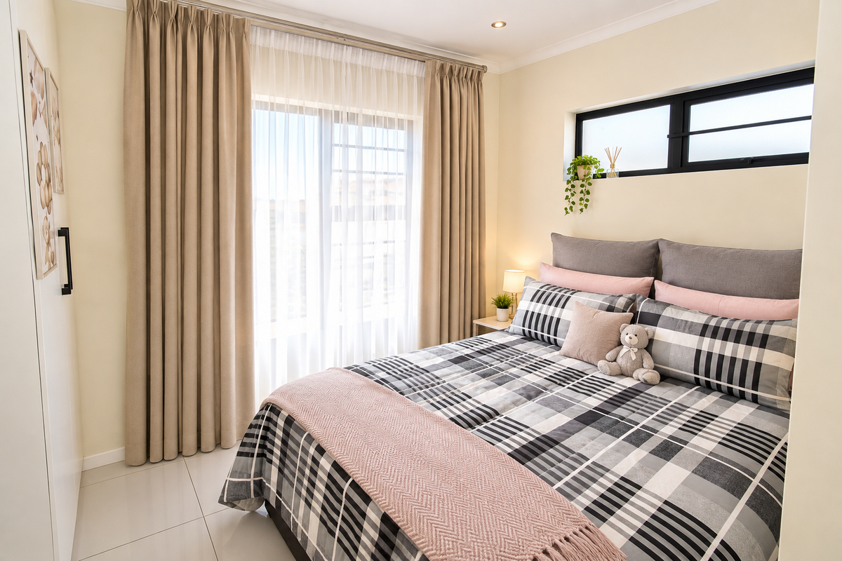 A well-maintained bedroom featuring tiled flooring, a built-in cupboard, and a sliding door providing access to natural light.